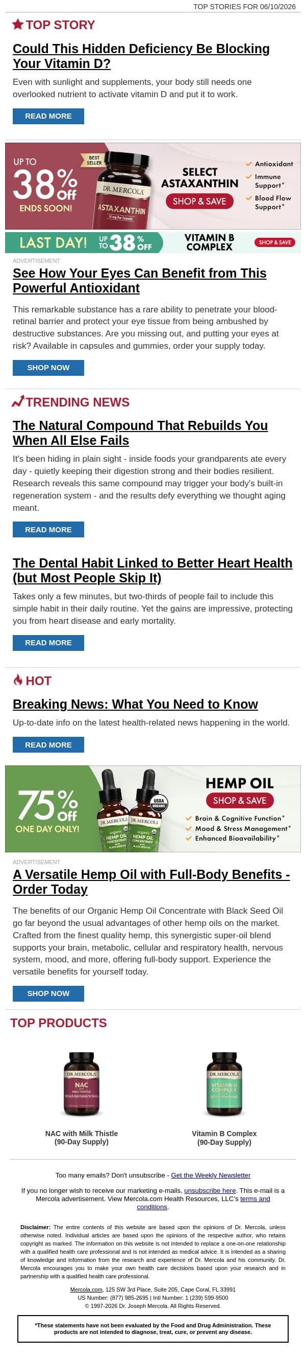 Could This Hidden Deficiency Be Blocking Your Vitamin D? email from Mercola screenshot
