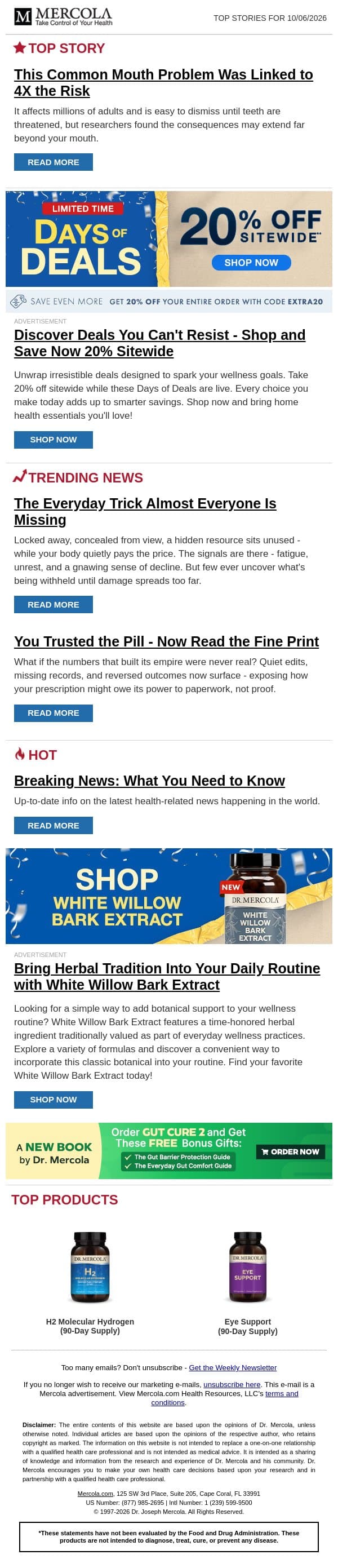 This Common Mouth Problem Was Linked to 4X the Risk email from Mercola screenshot