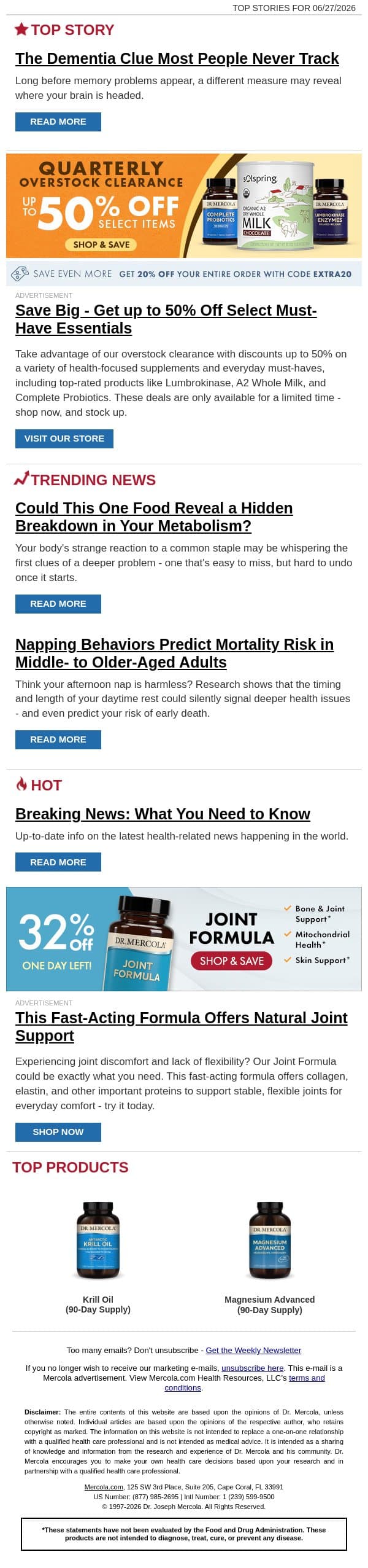 The Dementia Clue Most People Never Track email from Mercola screenshot