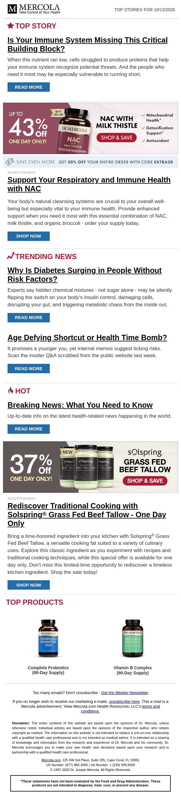 Is Your Immune System Missing This Critical Building Block? email from Mercola screenshot