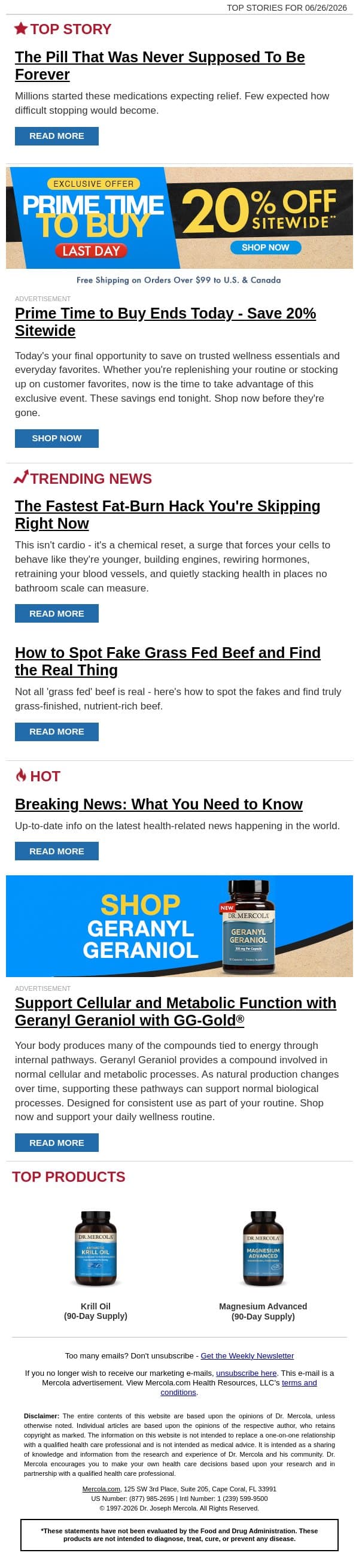 The Pill That Was Never Supposed To Be Forever email from Mercola screenshot