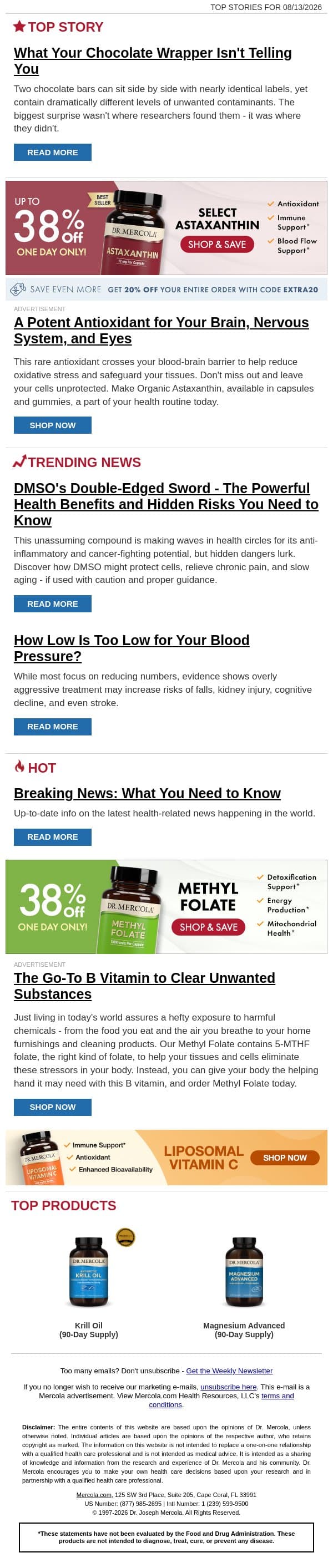 What Your Chocolate Wrapper Isn't Telling You email from Mercola screenshot