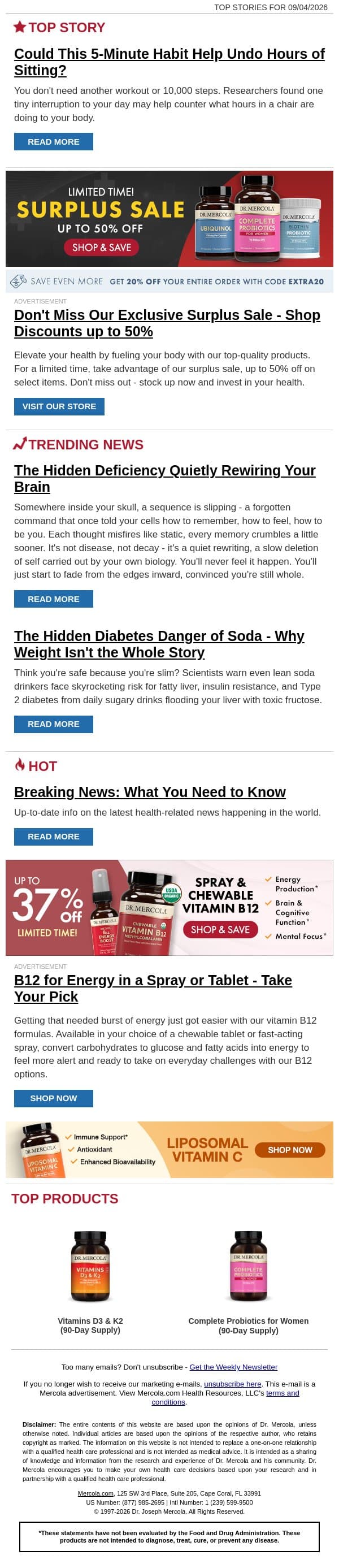 Could This 5-Minute Habit Help Undo Hours of Sitting? email from Mercola screenshot