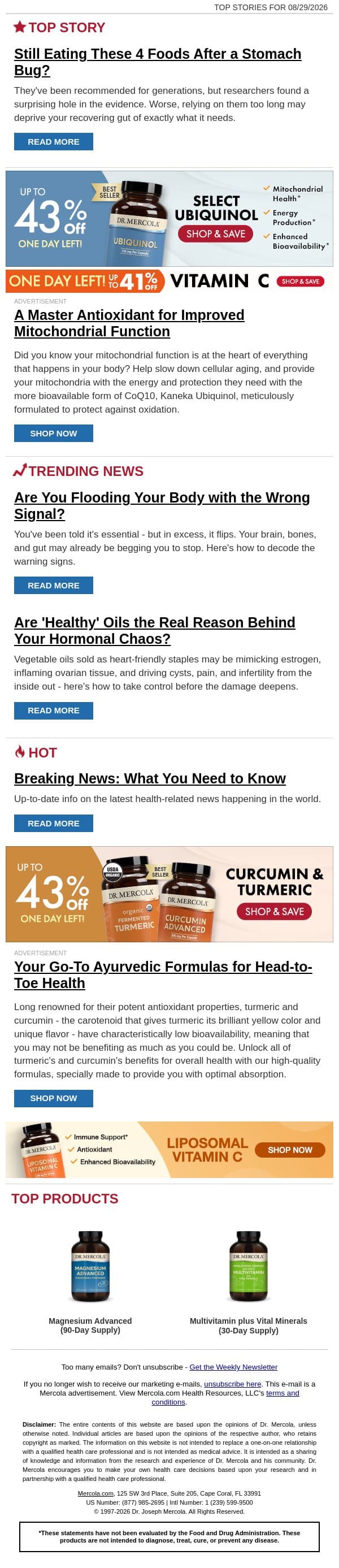 Still Eating These 4 Foods After a Stomach Bug? email from Mercola screenshot