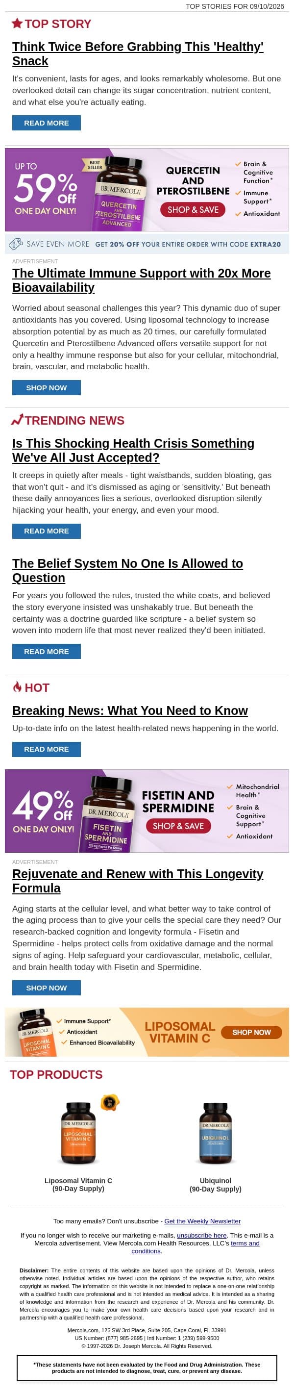 Think Twice Before Grabbing This 'Healthy' Snack email from Mercola screenshot