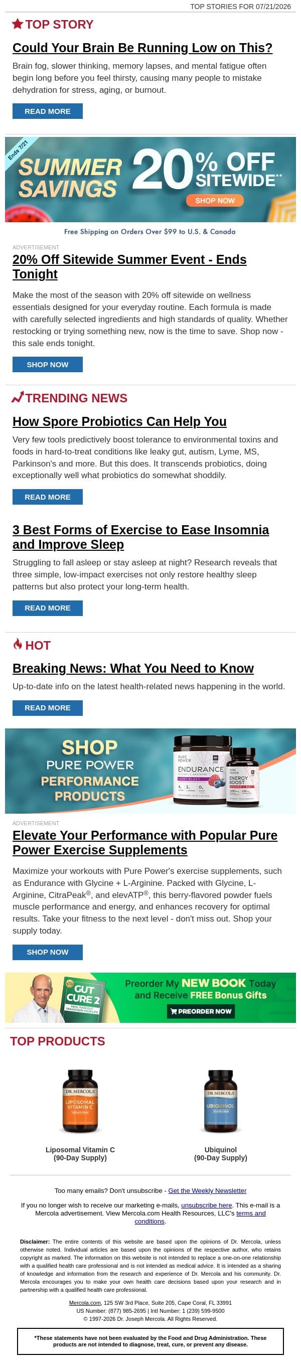 Could Your Brain Be Running Low on This? email from Mercola screenshot