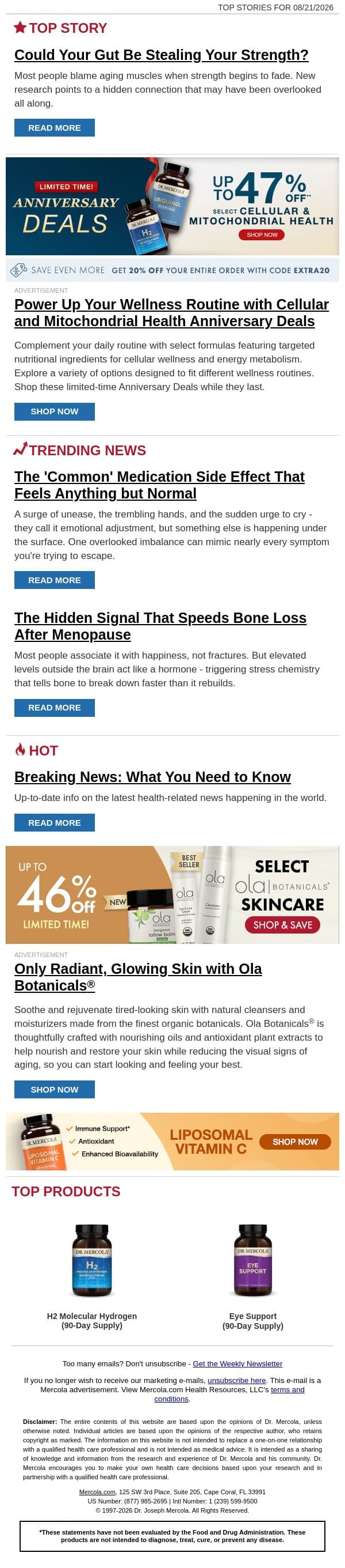 Could Your Gut Be Stealing Your Strength? email from Mercola screenshot