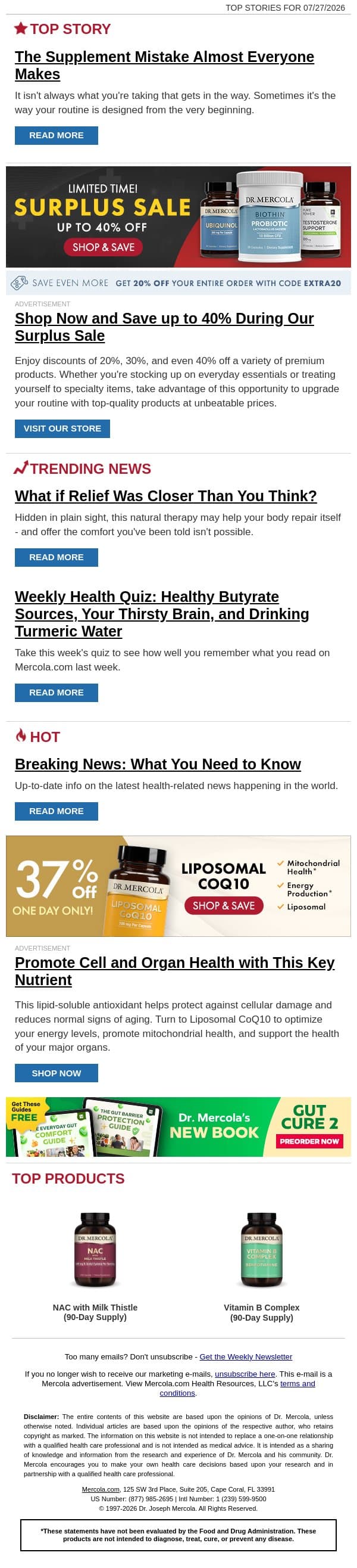 The Supplement Mistake Almost Everyone Makes email from Mercola screenshot