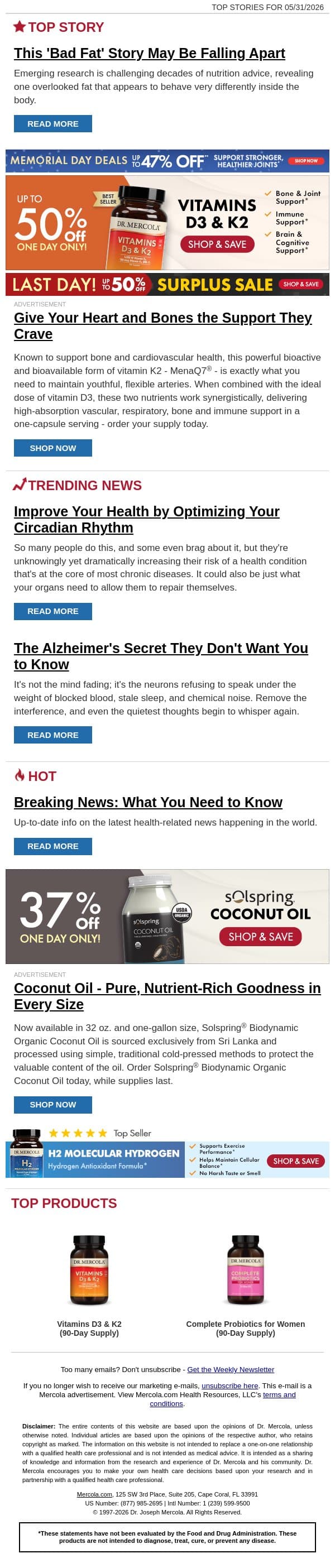 This 'Bad Fat' Story May Be Falling Apart email from Mercola screenshot