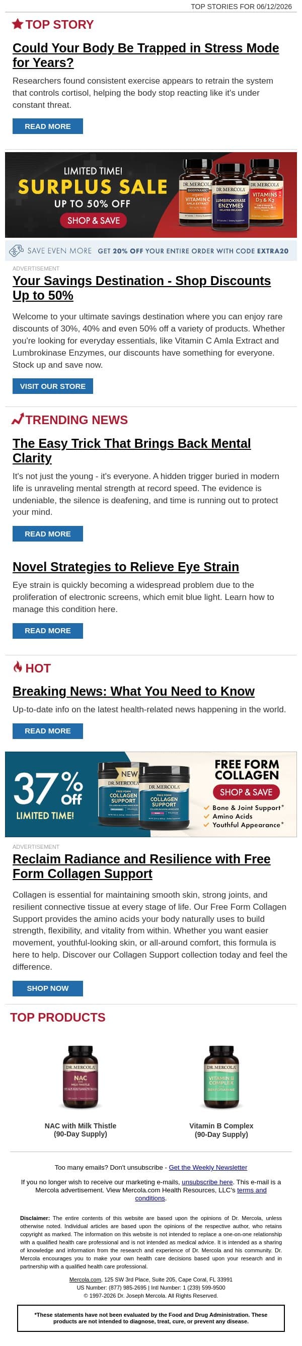 Could Your Body Be Trapped in Stress Mode for Years? email from Mercola screenshot