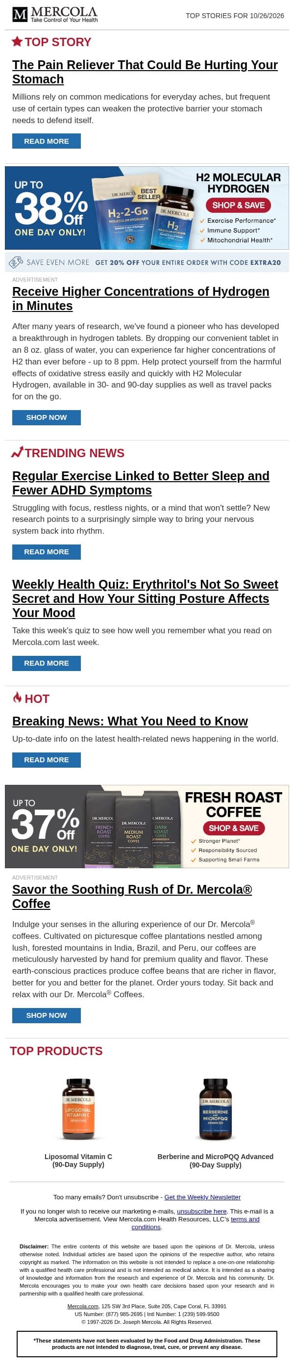 The Pain Reliever That Could Be Hurting Your Stomach email from Mercola screenshot