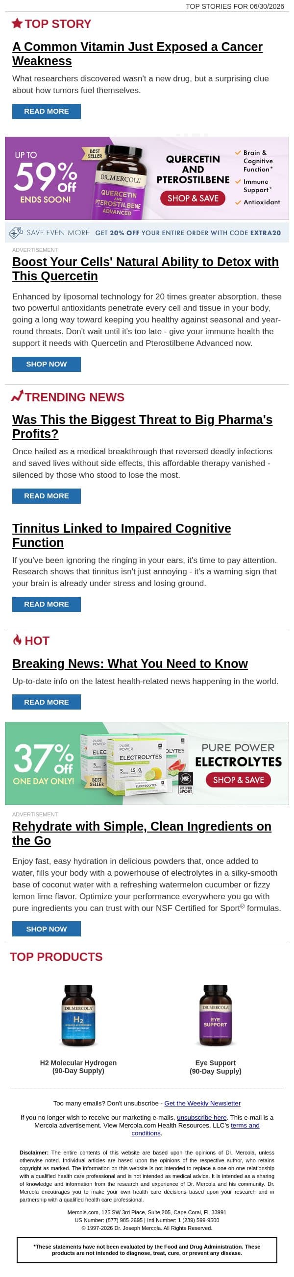 A Common Vitamin Just Exposed a Cancer Weakness email from Mercola screenshot