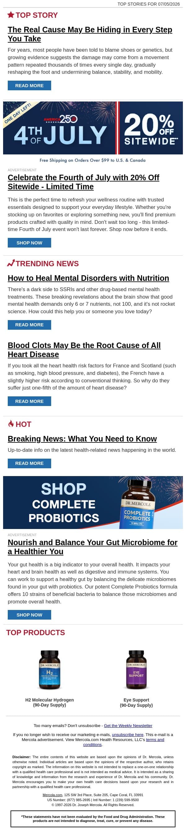 The Real Cause May Be Hiding in Every Step You Take email from Mercola screenshot