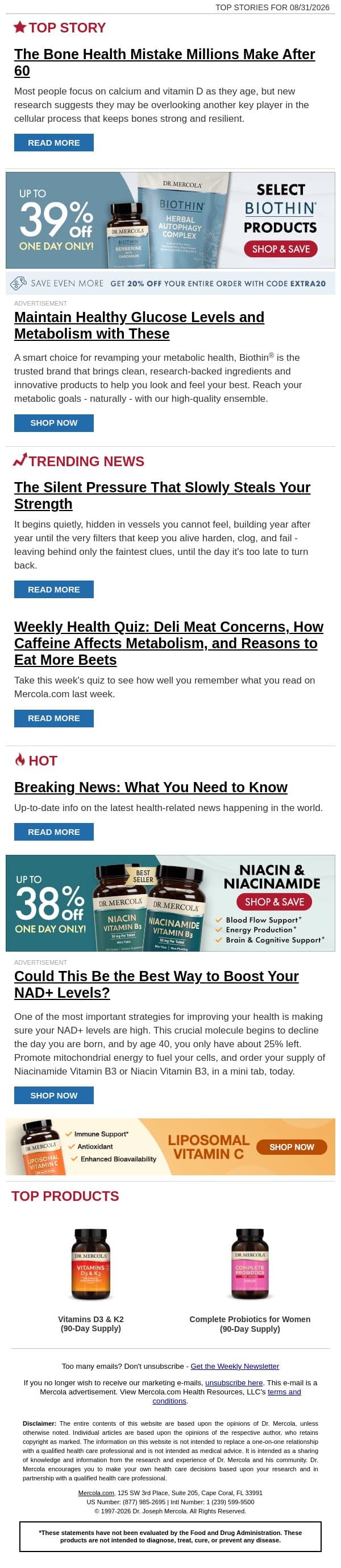 The Bone Health Mistake Millions Make After 60 email from Mercola screenshot