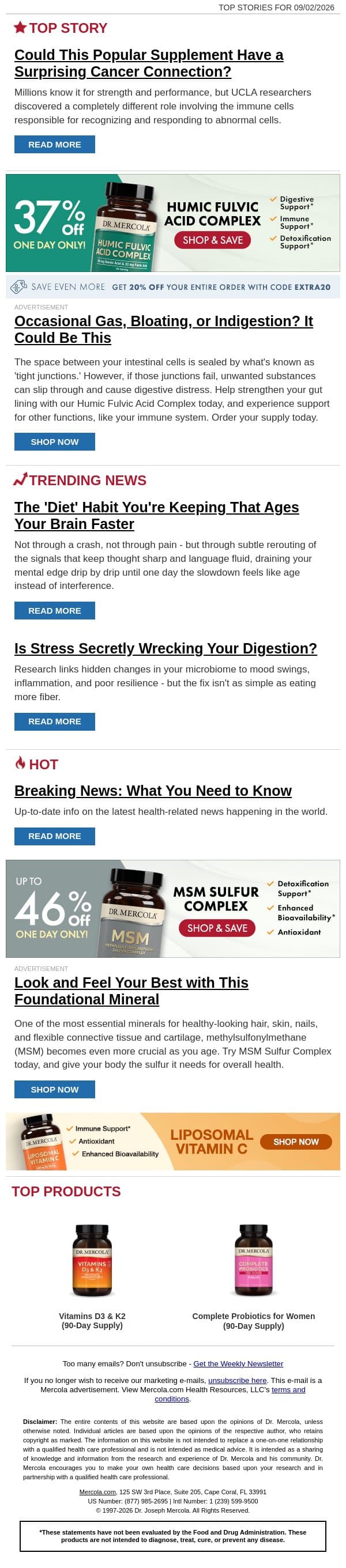 Could This Popular Supplement Have a Surprising Cancer Connection? email from Mercola screenshot
