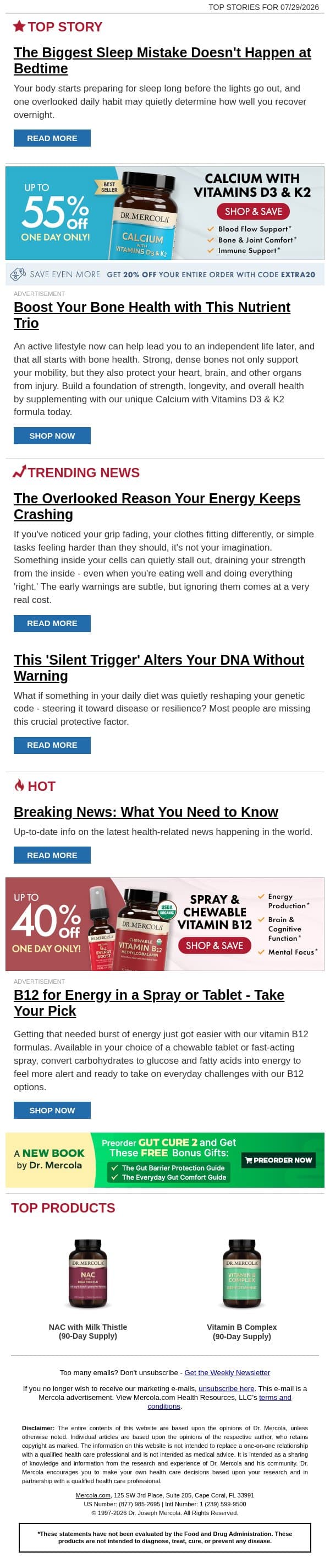 The Biggest Sleep Mistake Doesn't Happen at Bedtime email from Mercola screenshot