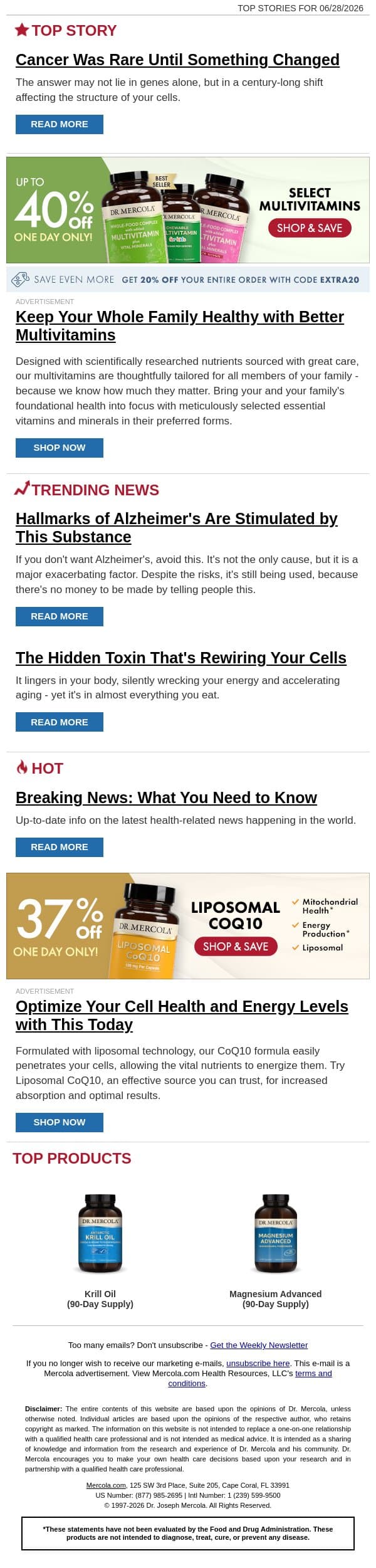 Cancer Was Rare Until Something Changed email from Mercola screenshot