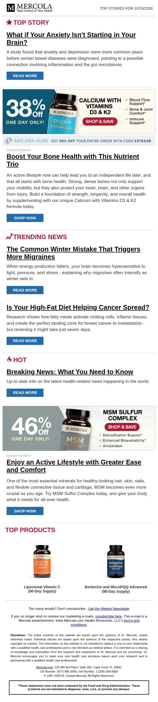 What if Your Anxiety Isn't Starting in Your Brain? email from Mercola screenshot