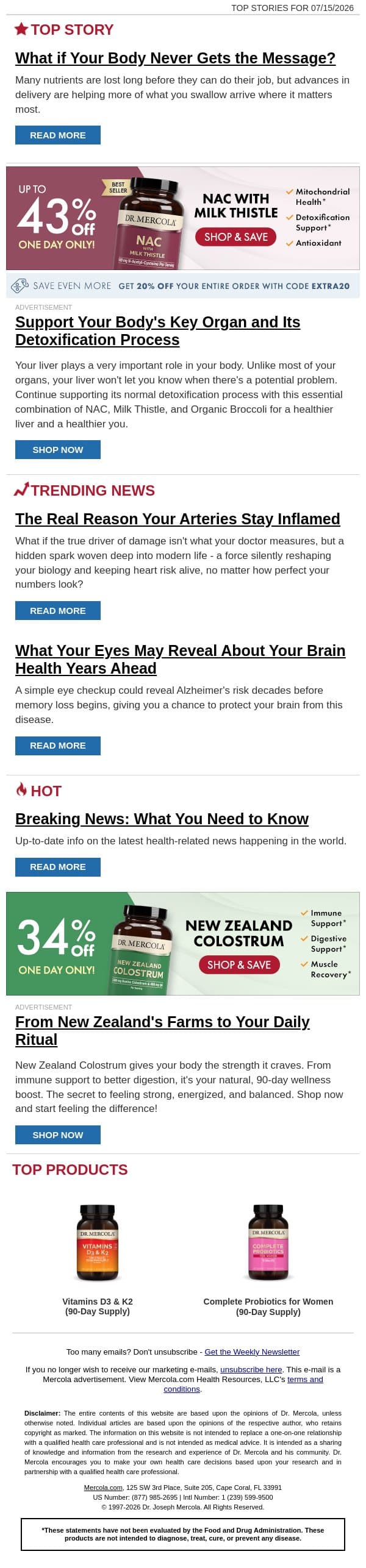 What if Your Body Never Gets the Message? email from Mercola screenshot