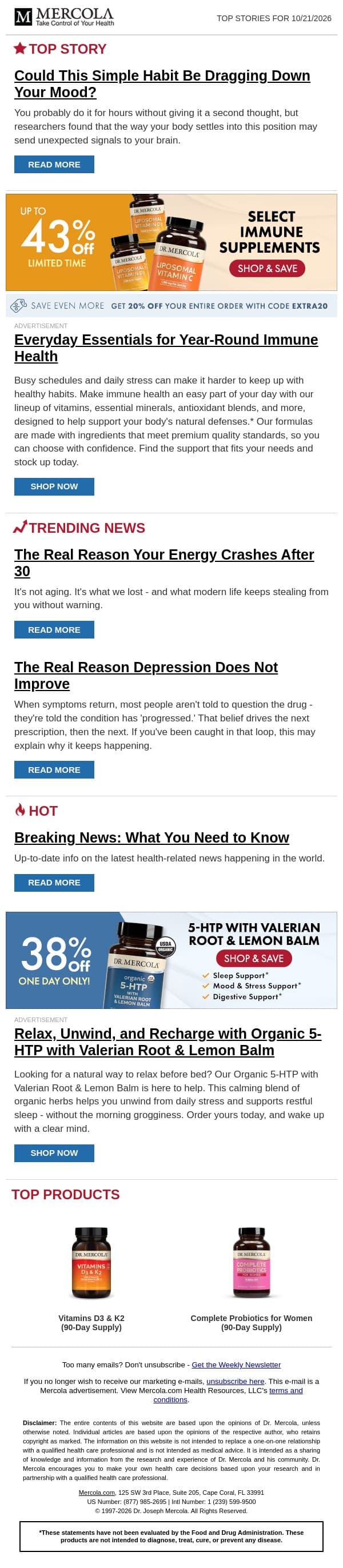 Could This Simple Habit Be Dragging Down Your Mood? email from Mercola screenshot