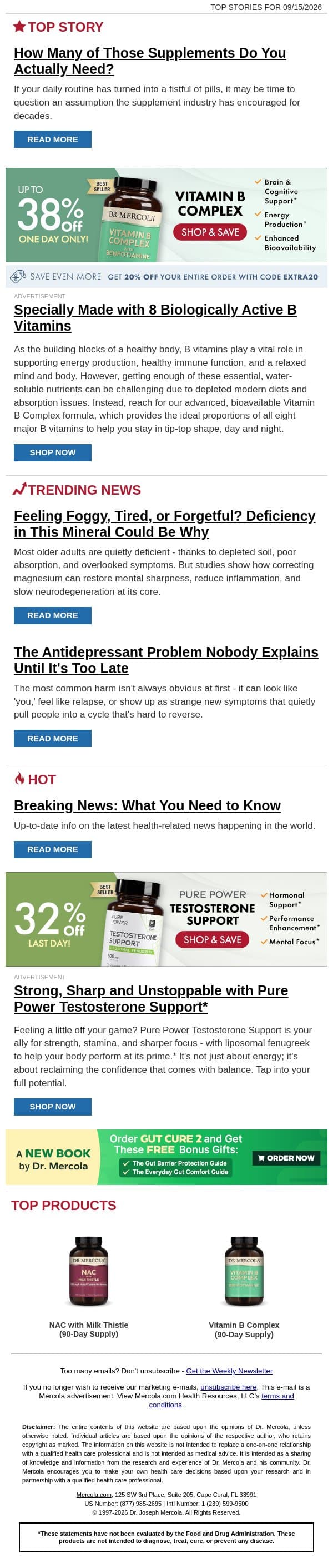 How Many of Those Supplements Do You Actually Need? email from Mercola screenshot