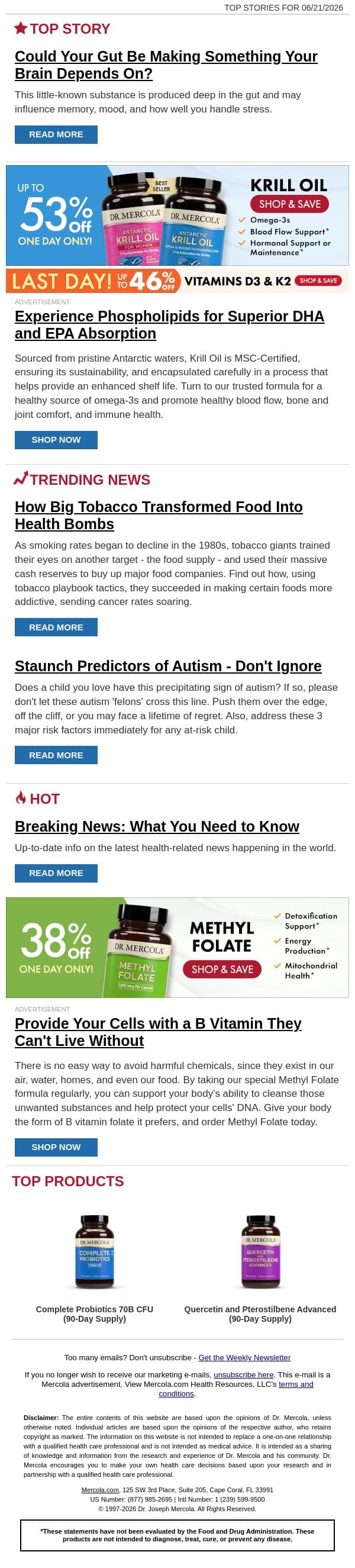 Could Your Gut Be Making Something Your Brain Depends On? email from Mercola screenshot
