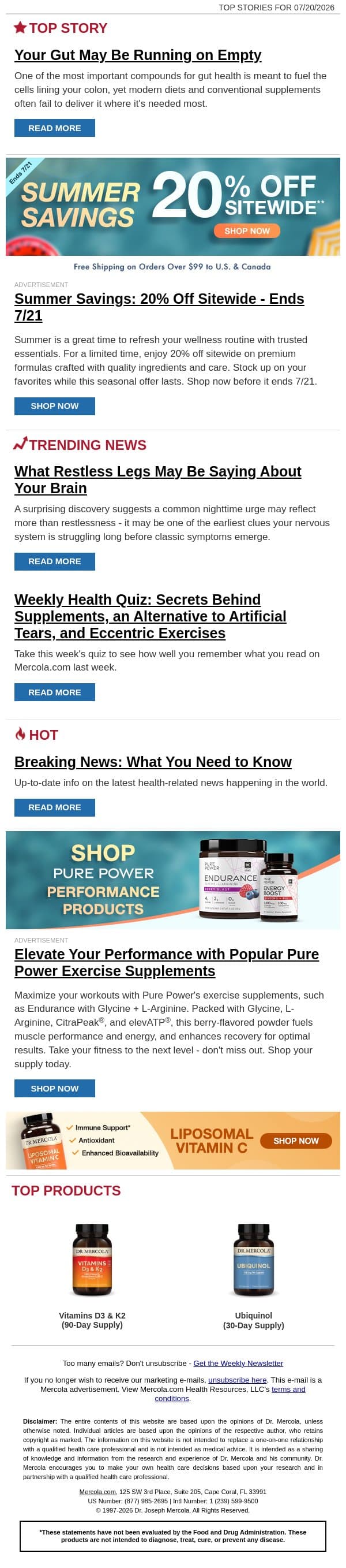 Your Gut May Be Running on Empty email from Mercola screenshot
