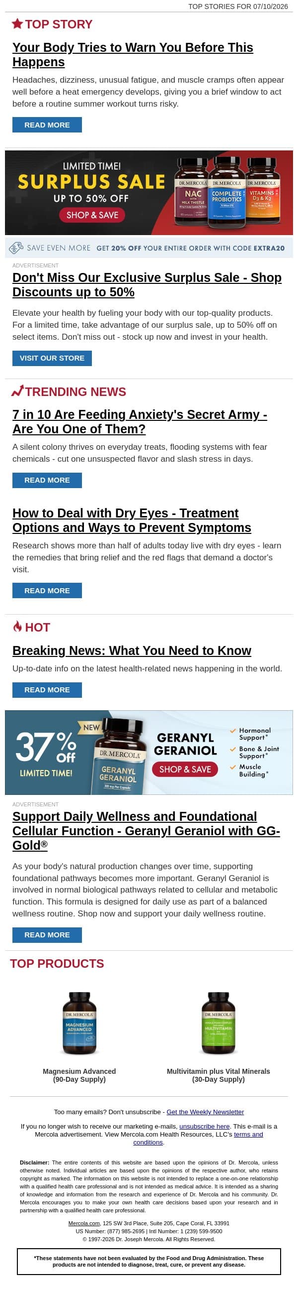 Your Body Tries to Warn You Before This Happens email from Mercola screenshot
