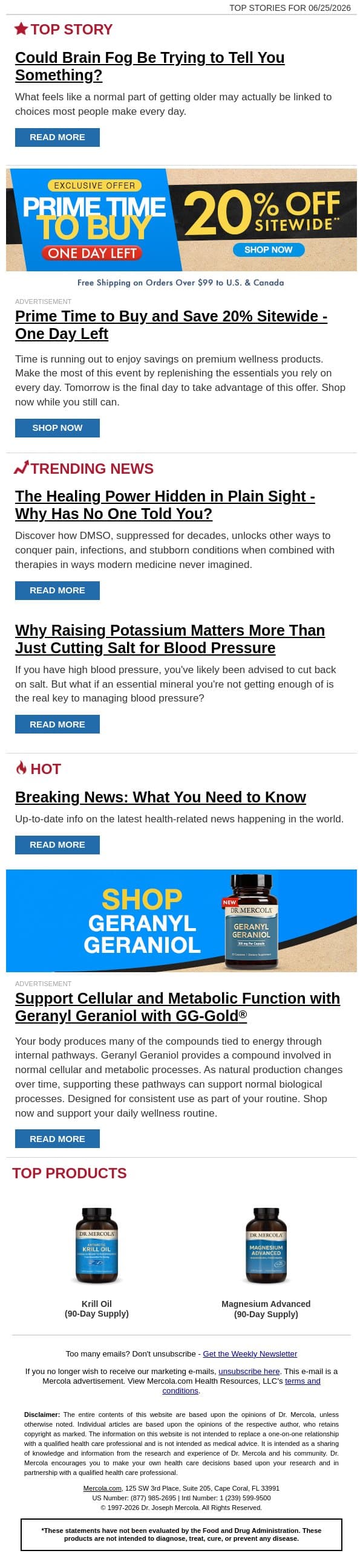 Could Brain Fog Be Trying to Tell You Something? email from Mercola screenshot