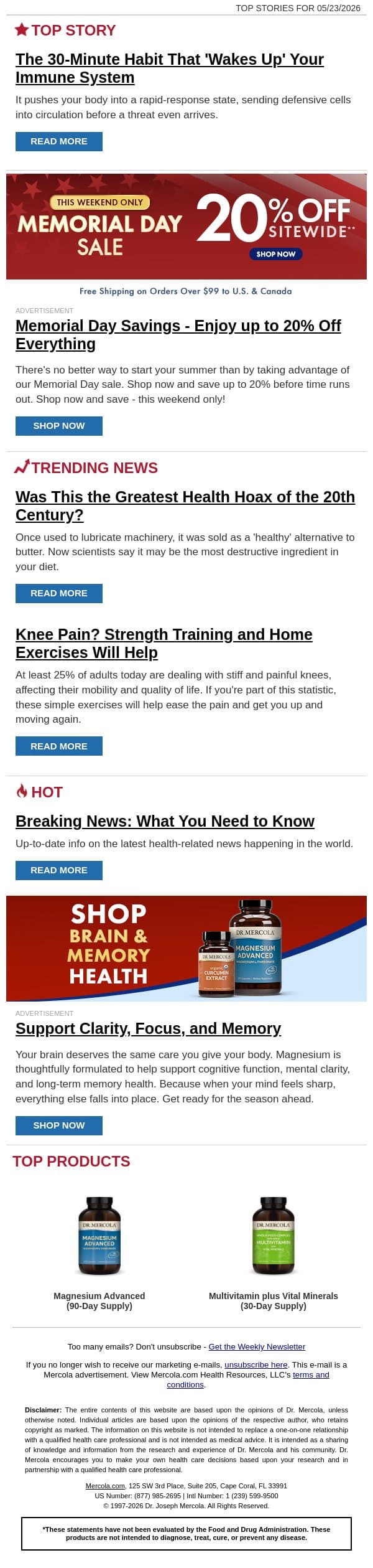 The 30-Minute Habit That 'Wakes Up' Your Immune System email from Mercola screenshot