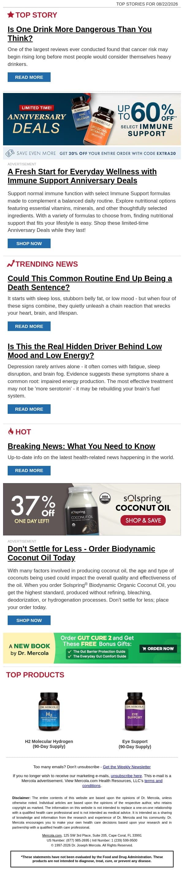 Is One Drink More Dangerous Than You Think? email from Mercola screenshot