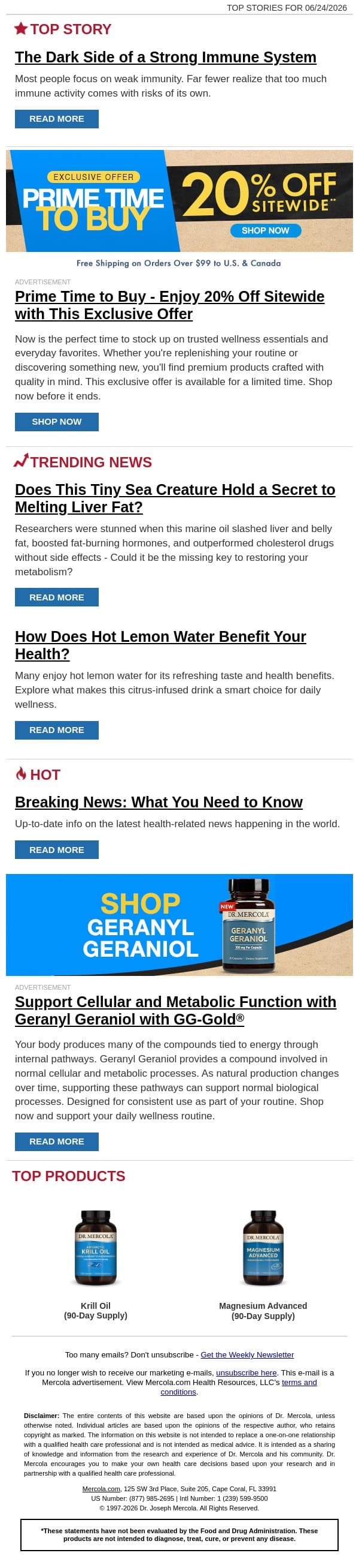 The Dark Side of a Strong Immune System email from Mercola screenshot