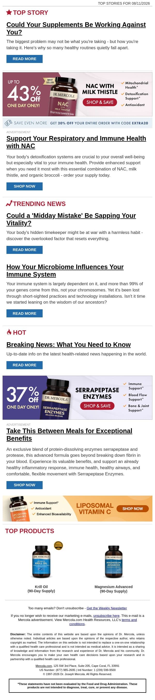 Could Your Supplements Be Working Against You? email from Mercola screenshot