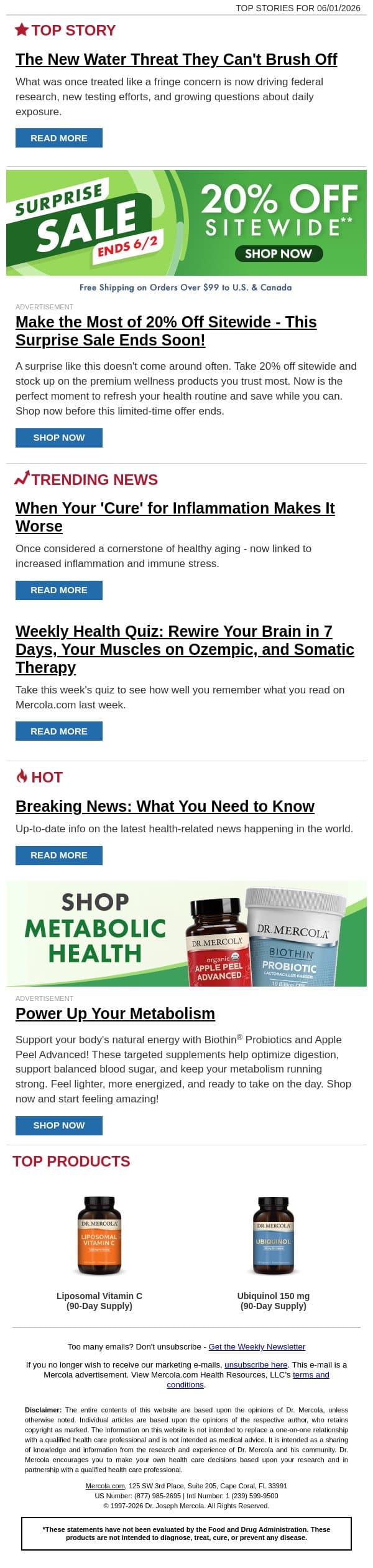 The New Water Threat They Can't Brush Off email from Mercola screenshot