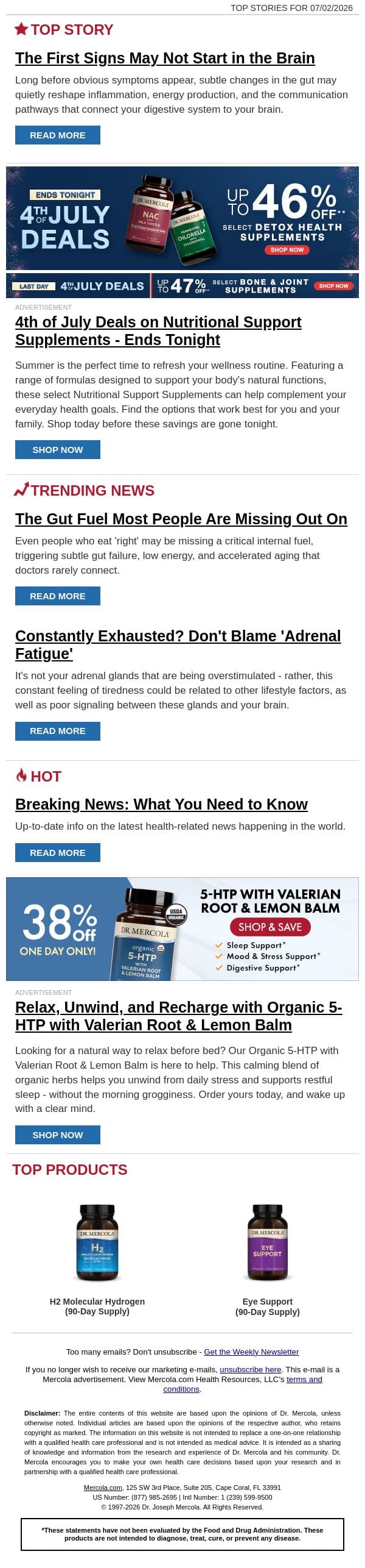 The First Signs May Not Start in the Brain email from Mercola screenshot