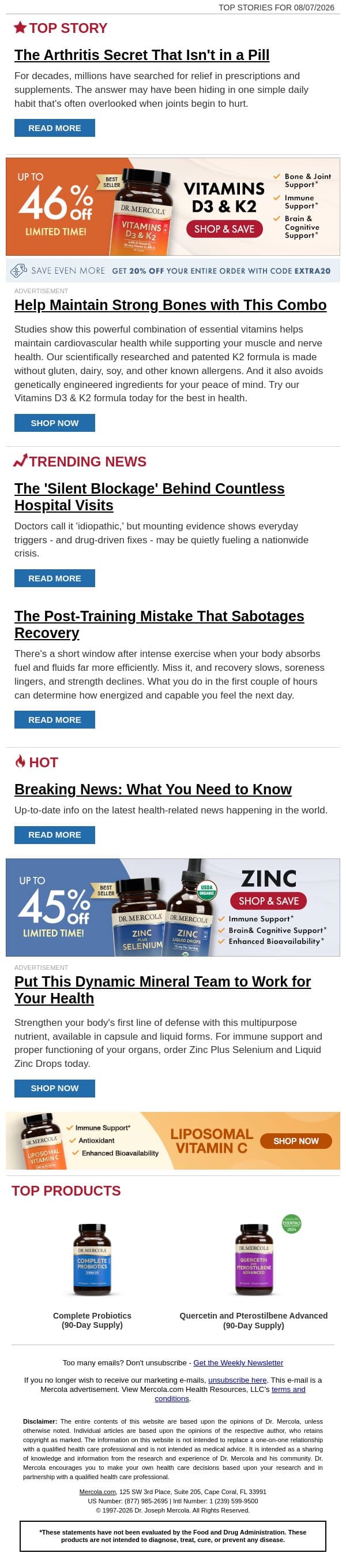 The Arthritis Secret That Isn't in a Pill email from Mercola screenshot