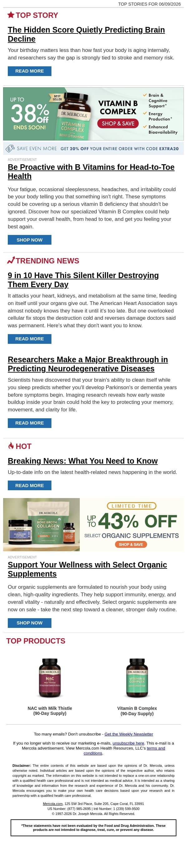 The Hidden Score Quietly Predicting Brain Decline email from Mercola screenshot