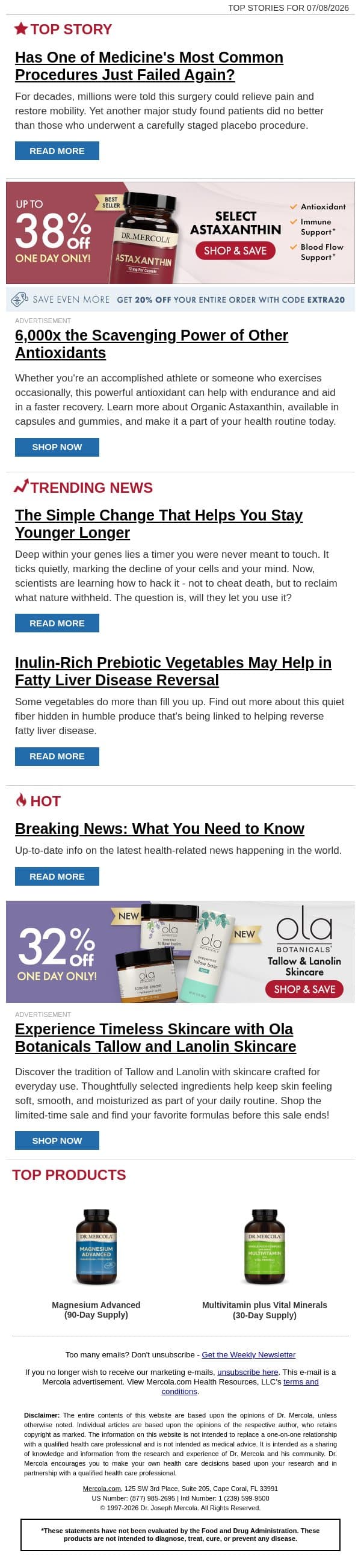 Has One of Medicine's Most Common Procedures Just Failed Again? email from Mercola screenshot
