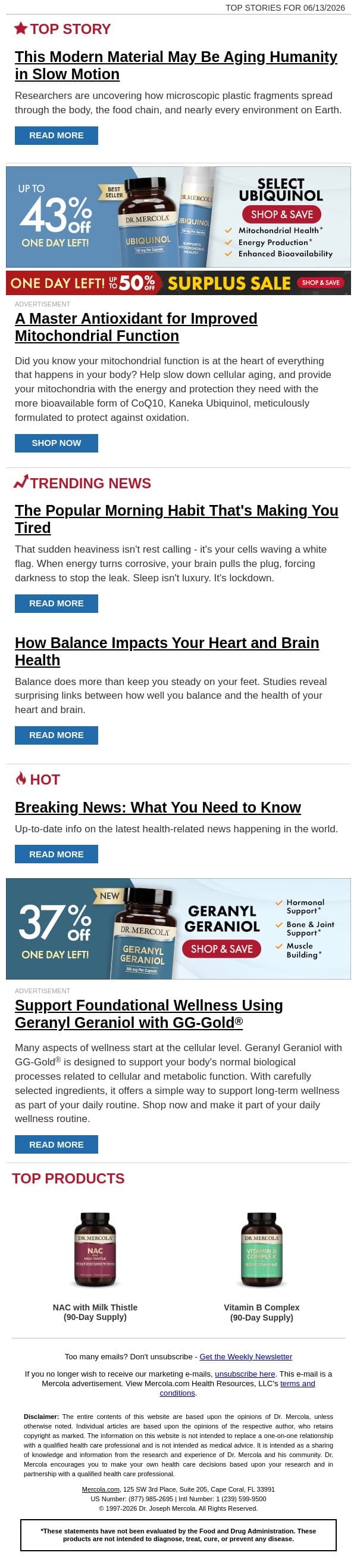 This Modern Material May Be Aging Humanity in Slow Motion email from Mercola screenshot