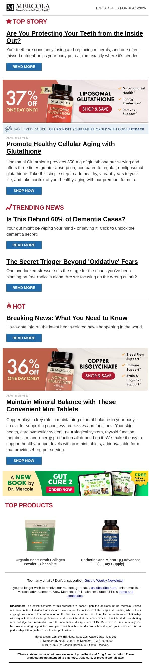 Are You Protecting Your Teeth from the Inside Out? email from Mercola screenshot