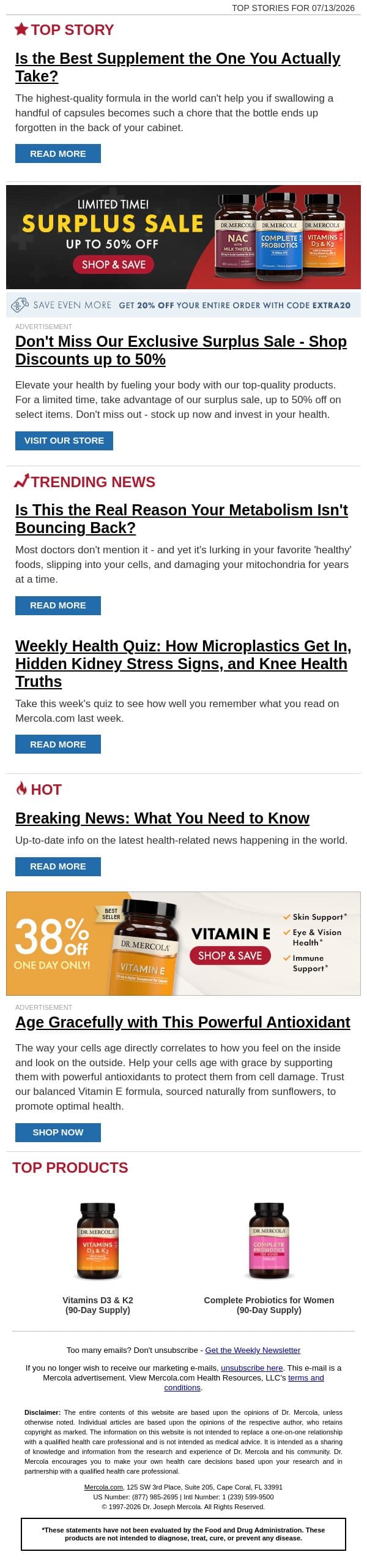 Is the Best Supplement the One You Actually Take? email from Mercola screenshot