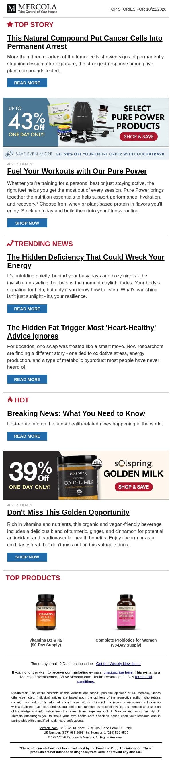 This Natural Compound Put Cancer Cells Into Permanent Arrest email from Mercola screenshot