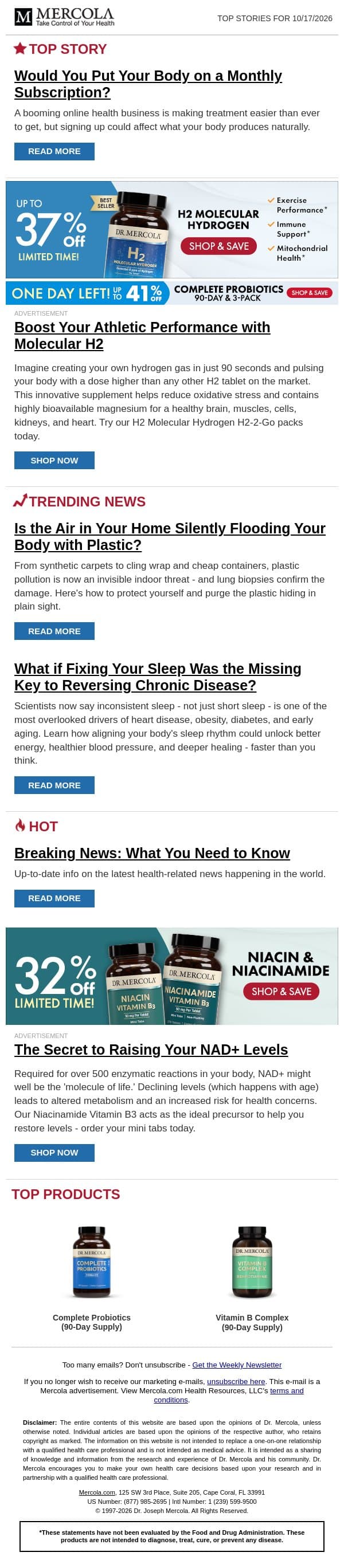 Would You Put Your Body on a Monthly Subscription? email from Mercola screenshot