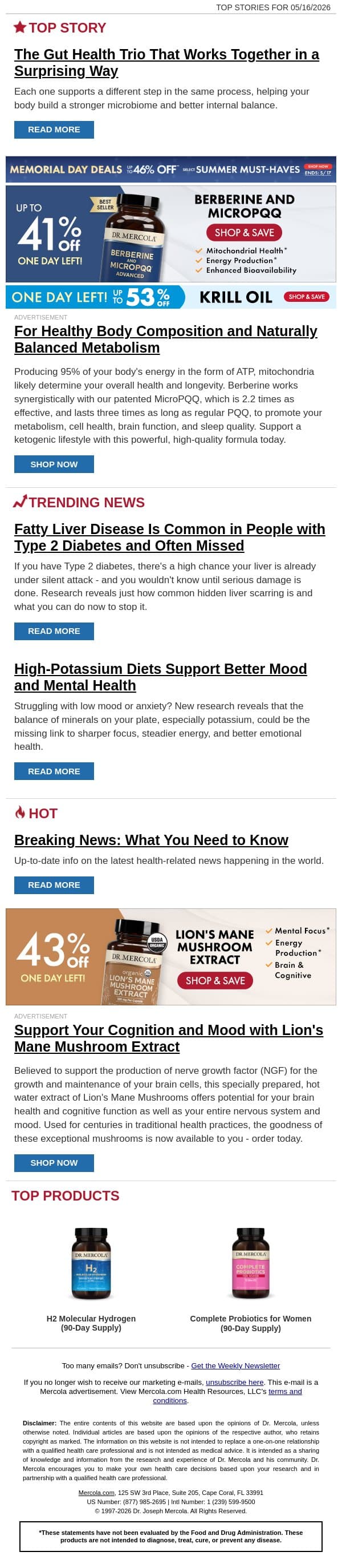 The Gut Health Trio That Works Together in a Surprising Way email from Mercola screenshot