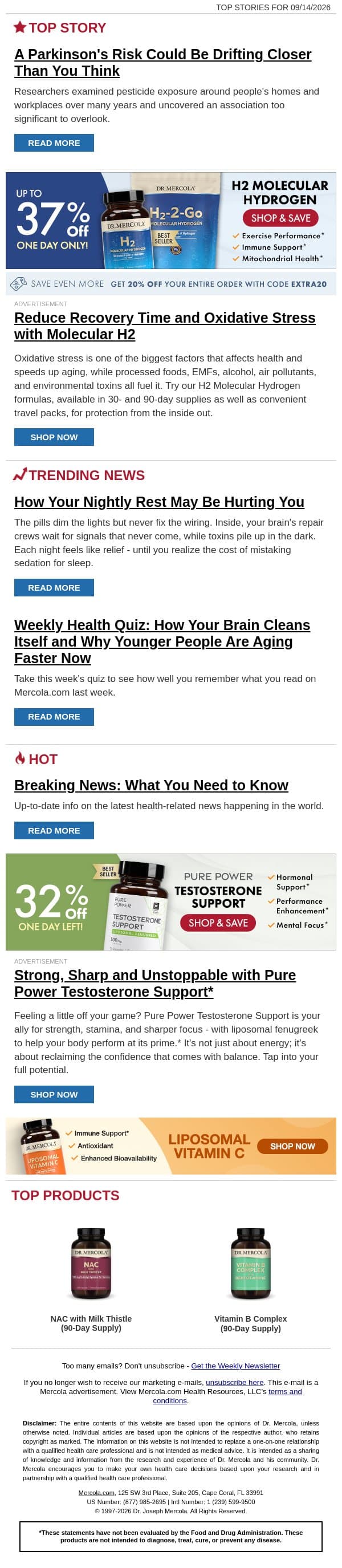A Parkinson's Risk Could Be Drifting Closer Than You Think email from Mercola screenshot