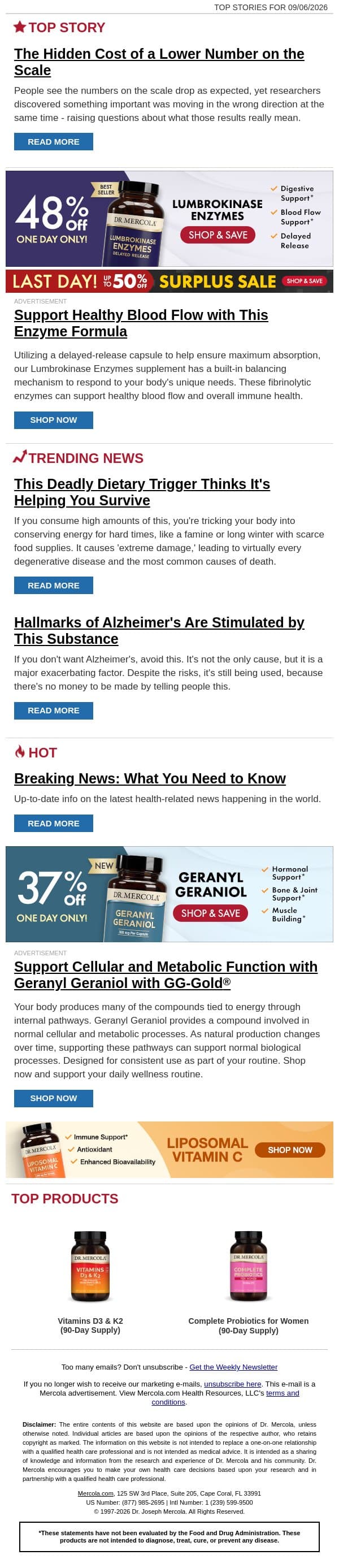 The Hidden Cost of a Lower Number on the Scale email from Mercola screenshot