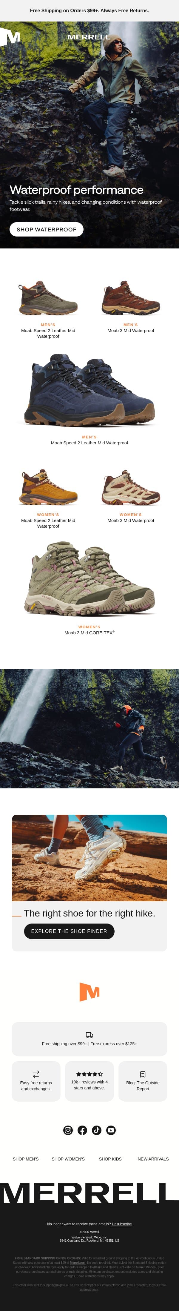 Waterproof performance for every forecast email from Merrell screenshot