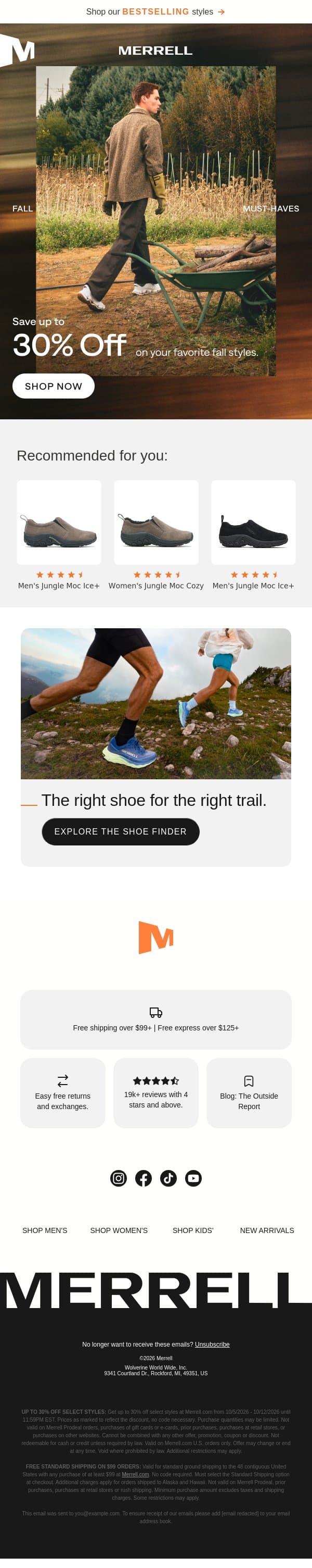 Final hours: up to 30% off ends tonight email from Merrell screenshot
