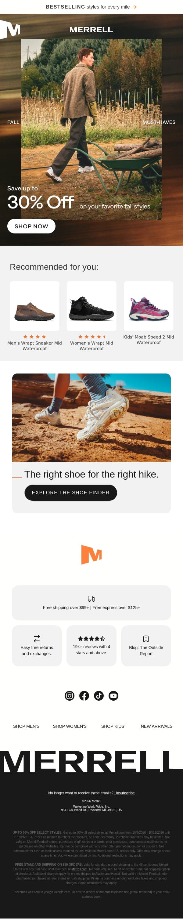 Early access: up to 30% off fall must-haves email from Merrell screenshot