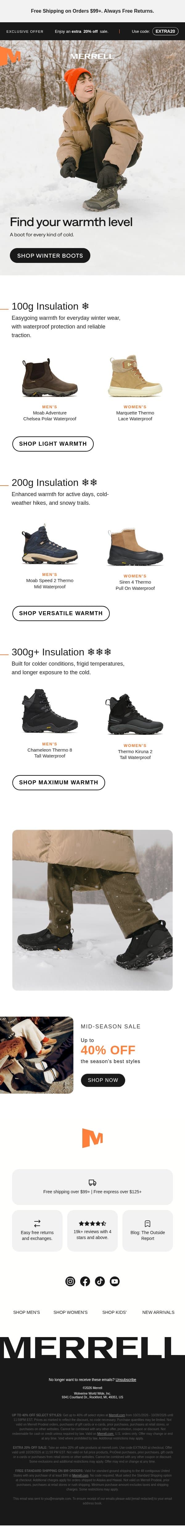Your guide to winter boot insulation email from Merrell screenshot